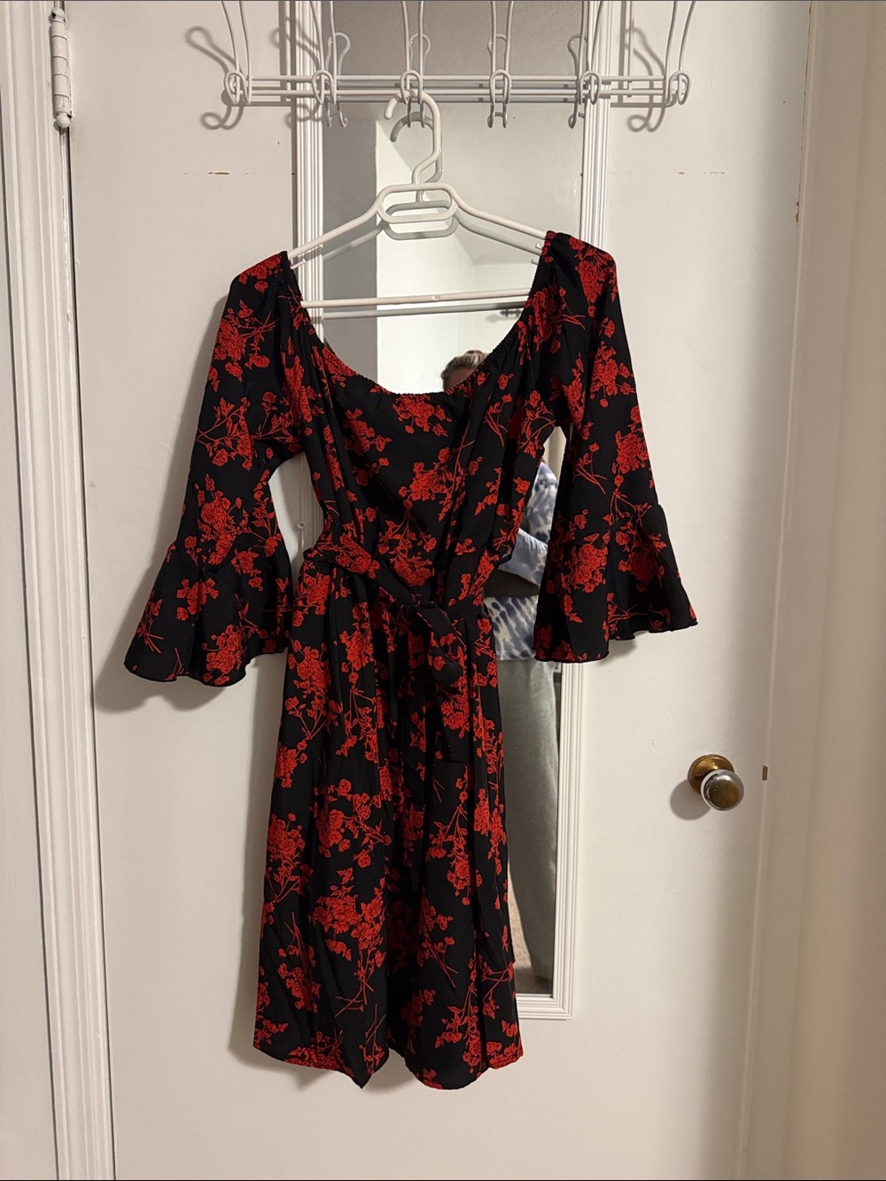 Black Dress with Red Floral Print and Bell Sleeves - Women